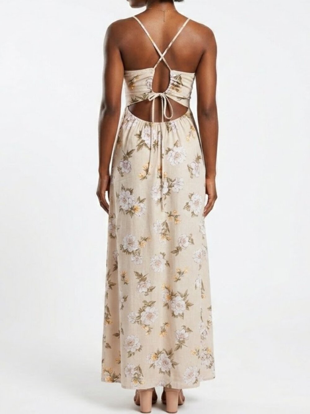 IRIS Cottagecore Floral Backless Maxi Dress Cutout Ruched Bust Slit S - Picture 2 of 14
